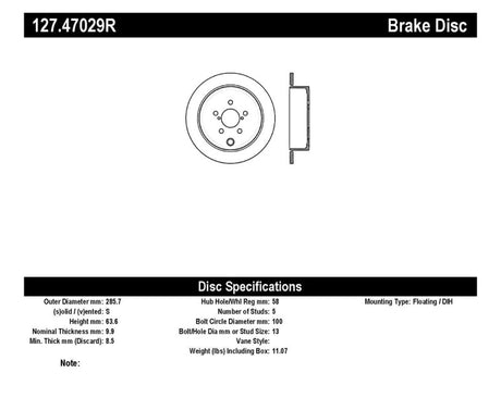 StopTech Coupe Sedan Slotted & Drilled Right Rear Rotor - 2008-2010 Subaru Impreza